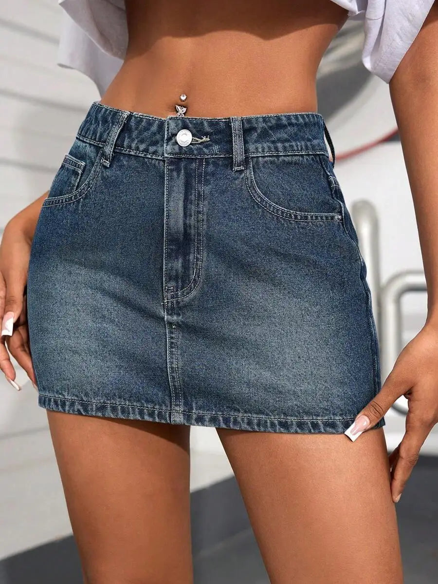 High Rise Acid Wash Denim Mini Skirt with Streamlined Y2K Silhouette