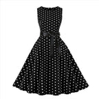 Retro Red and White Polka Dot Swing Dress with Black Waist Tie