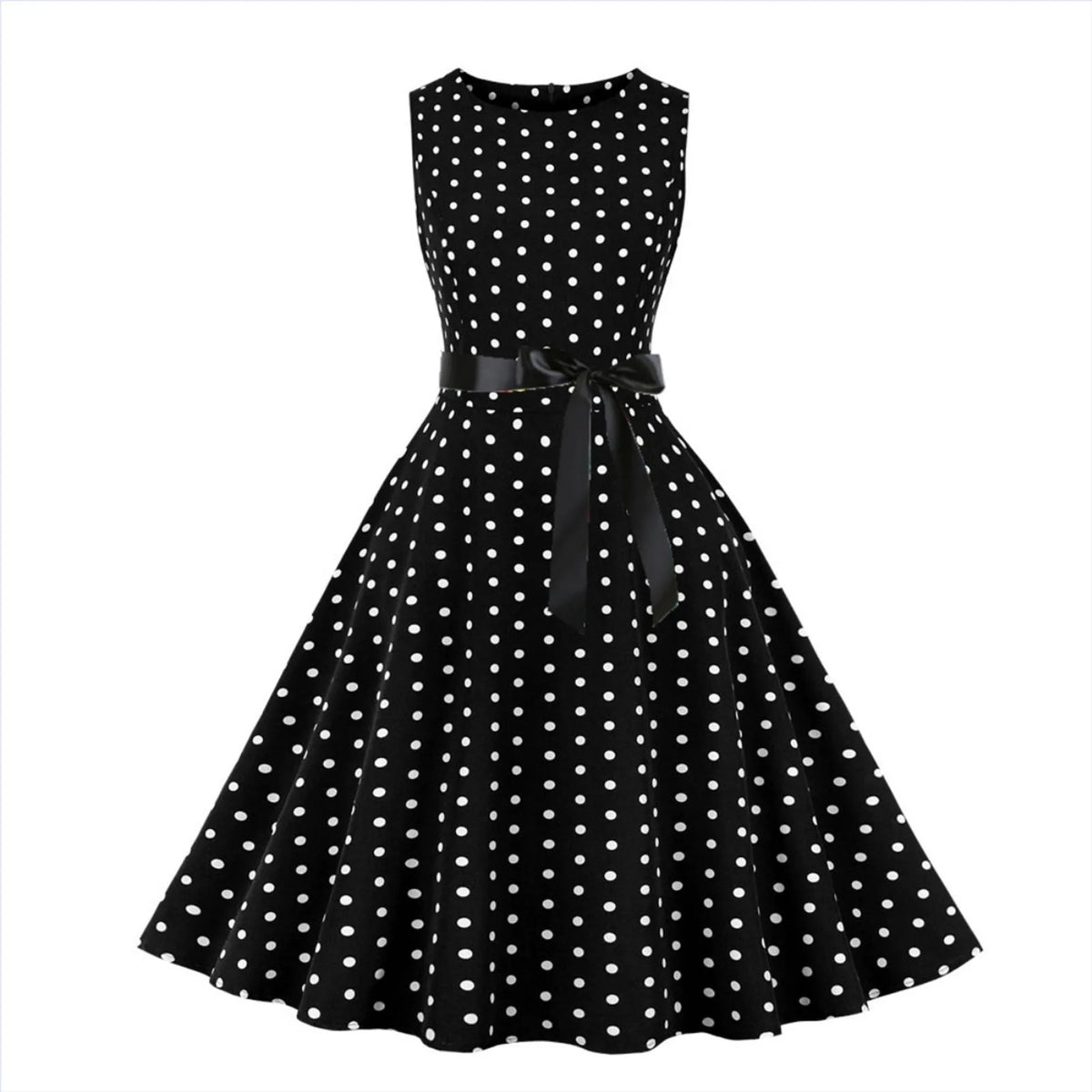 Retro Red and White Polka Dot Swing Dress with Black Waist Tie