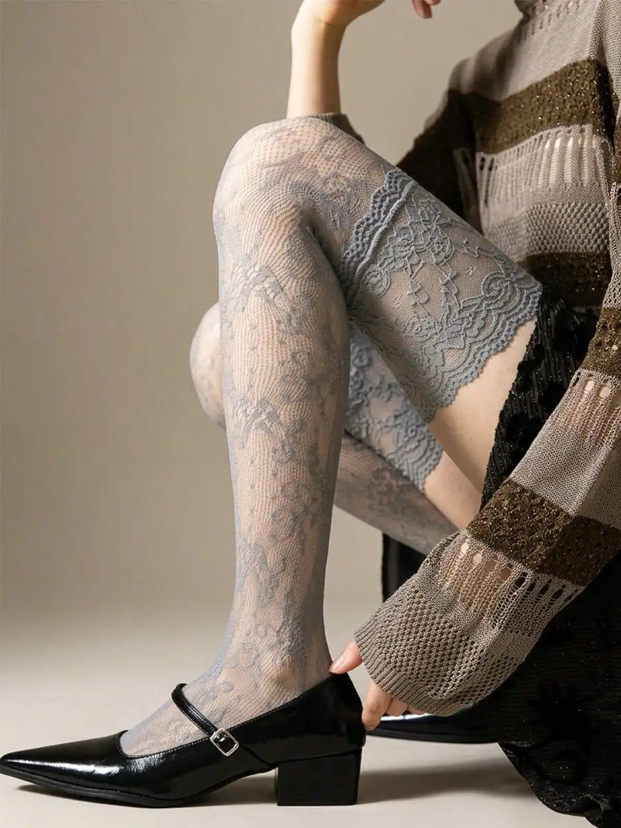 Vintage Floral Lace Thigh High Sheer Stockings with Non-Slip Stay-Up Design for Everyday Style
