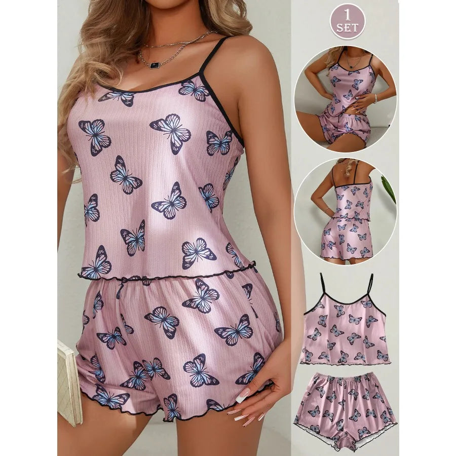 Playful Butterfly Print Two-Piece Camisole and Shorts Sleepwear Set with Contrast Trim