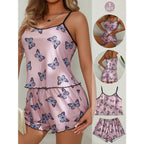 Playful Butterfly Print Two-Piece Camisole and Shorts Sleepwear Set with Contrast Trim