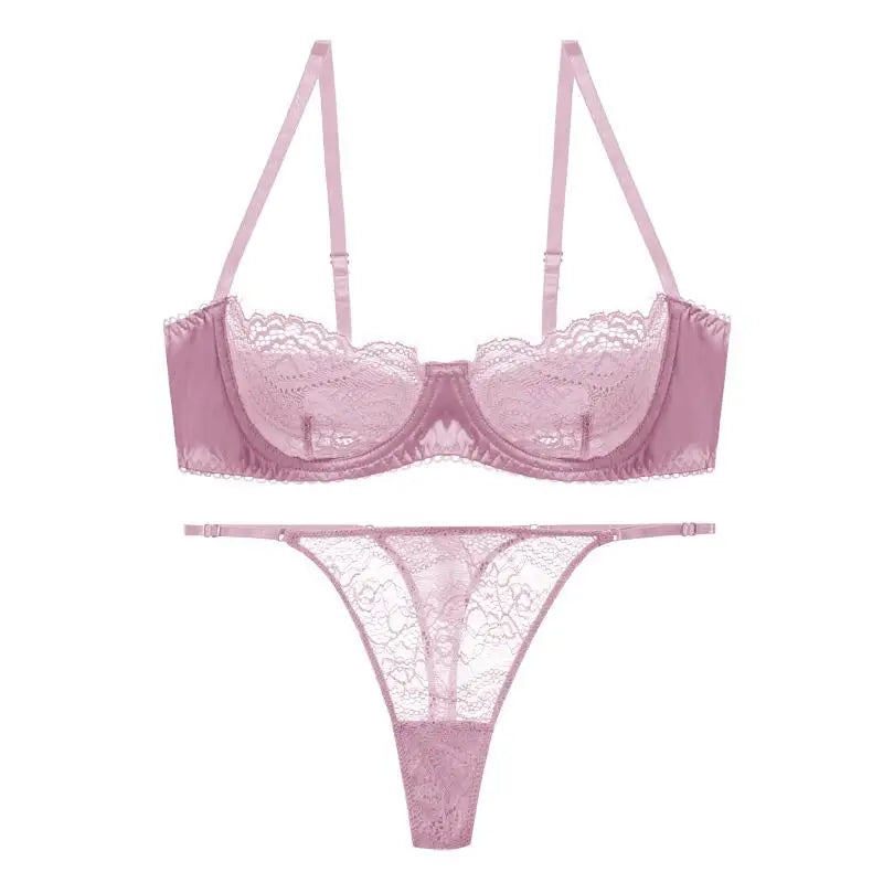 Sheer Black Floral Lace Balconette Bra and Strappy Thong Set