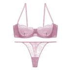 Sheer Black Floral Lace Balconette Bra and Strappy Thong Set
