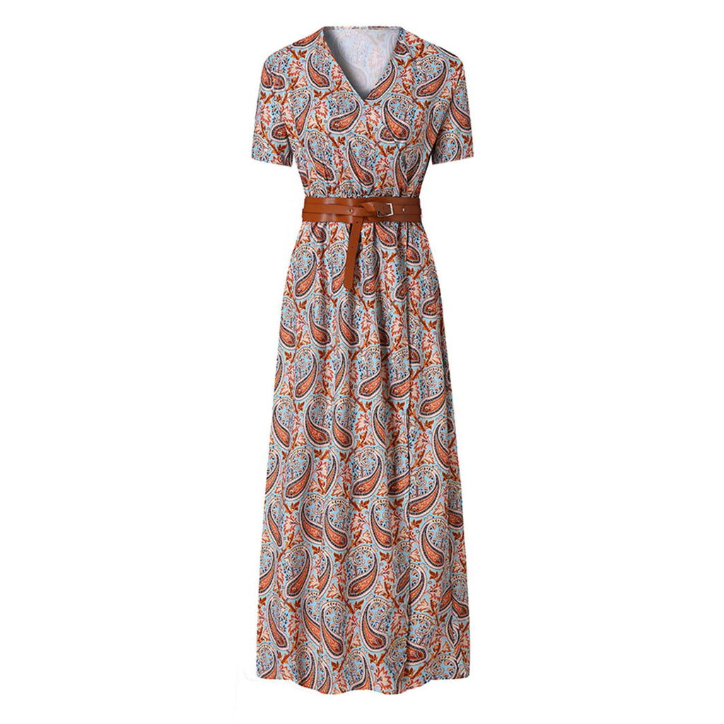 Floral Print A-Line Maxi Dress with Belt and Short Sleeves