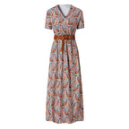 Floral Print A-Line Maxi Dress with Belt and Short Sleeves