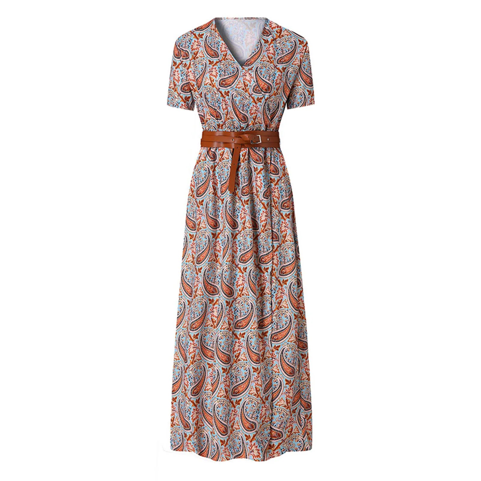 Floral Print A-Line Maxi Dress with Belt and Short Sleeves