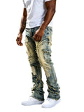 Men's Vintage Distressed Flared Denim Jeans with Frayed Layered Detail and Relaxed Fit