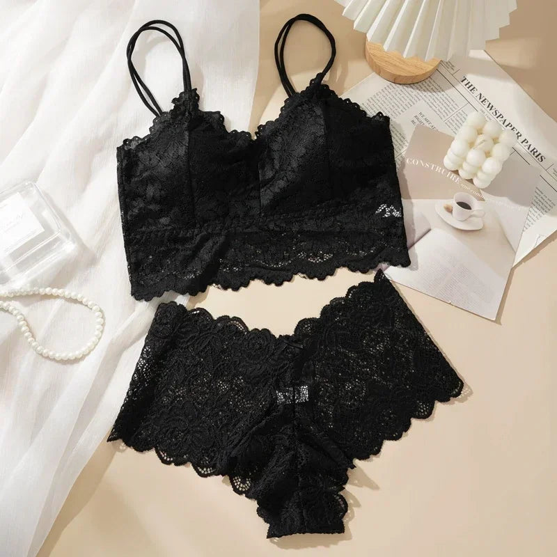 Botanical Embroidered Lace Racerback Bralette and Scalloped Lace Boyshort Set