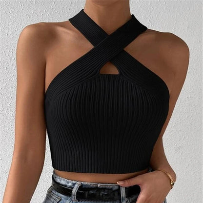 Women's Ribbed Halter Crop Tank Top with Cross Strap Neckline and Slim Knit Fit