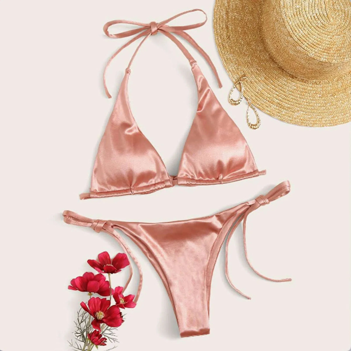 Metallic Satin Halter Bikini Set with High-Cut Bottom, Brazilian-Inspired Silhouette and Shimmering Beachwear Finish