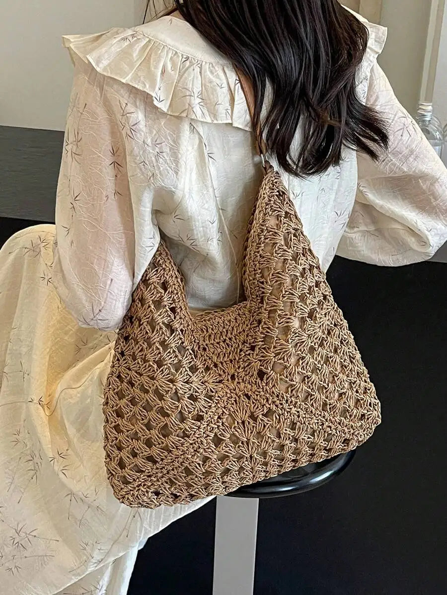 Handwoven Straw Tote Shoulder Bag with Open Relaxed Silhouette
