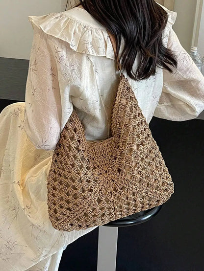 Handwoven Straw Tote Shoulder Bag with Open Relaxed Silhouette