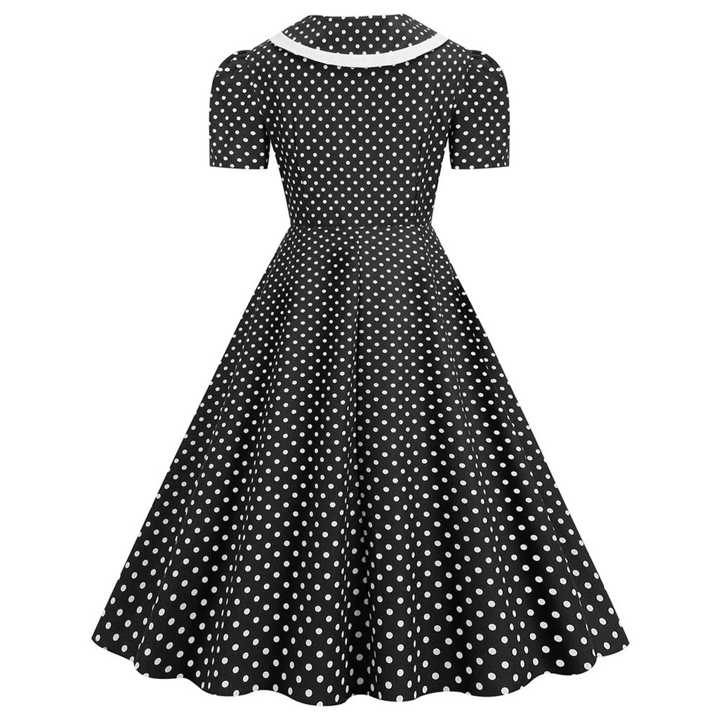 Retro Red and White Polka Dot Swing Dress with Bow Collar
