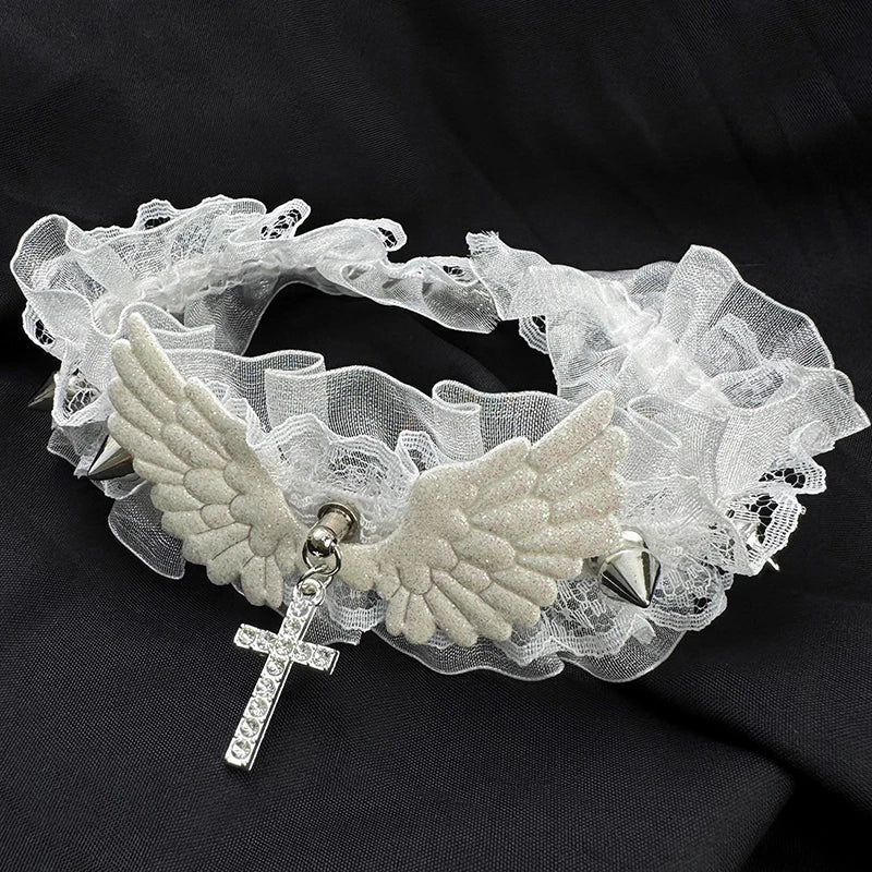 Vintage Lace Wing Bow Choker Necklace with Gothic Heart Pendant Accent