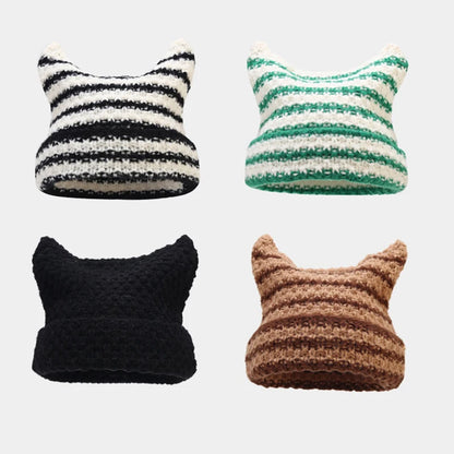 Striped Cat Ear Knit Beanie with Cotton Acrylic Blend for Playful Streetwear Fashion Style