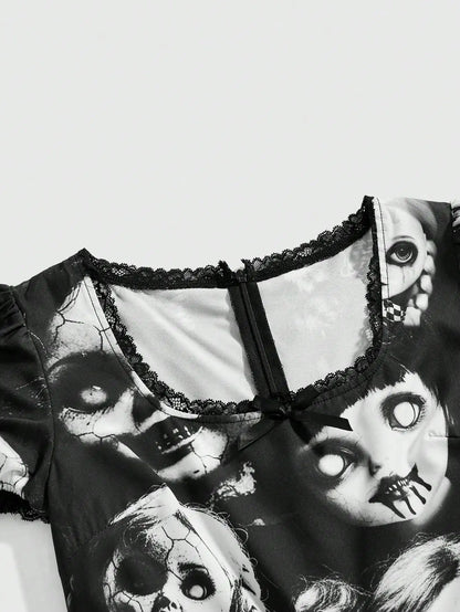 Dark Graphic Print Gothic Mini Dress with Alternative Streetwear Style
