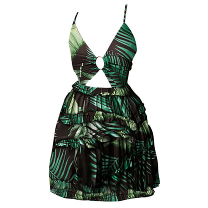 Tropical Ruffle Mini Dress with Playful Manga-Inspired Styling