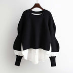 Women's Patchwork Textured Knit Lantern Sleeve Casual Streetwear Sweater