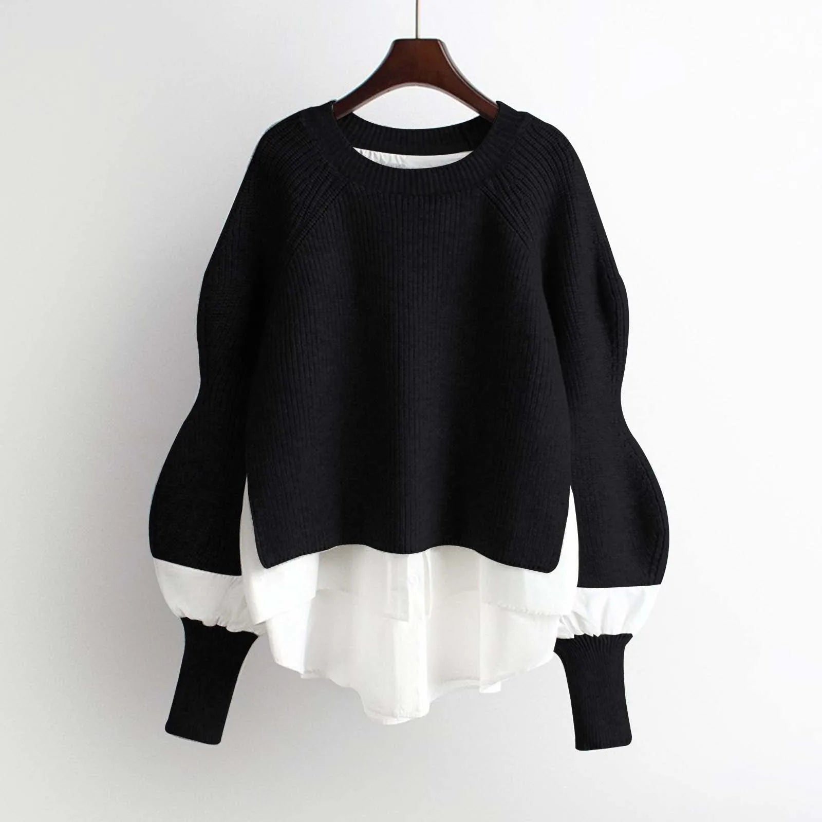 Women's Patchwork Textured Knit Lantern Sleeve Casual Streetwear Sweater