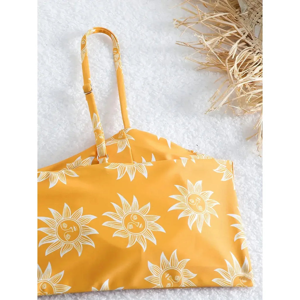 Cheerful Yellow Floral High-Waisted Bikini with Front-Knot Detail