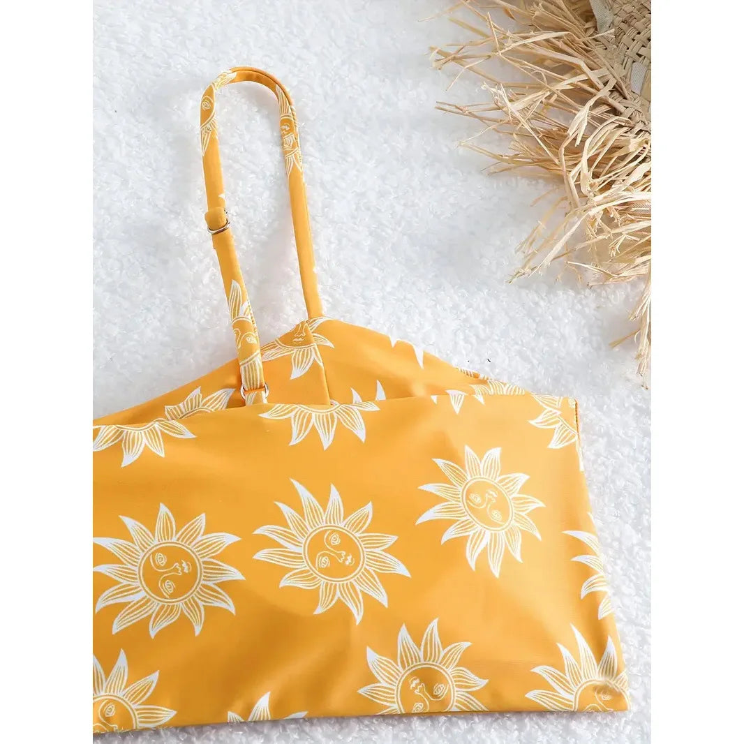 Cheerful Yellow Floral High-Waisted Bikini with Front-Knot Detail