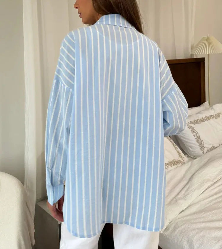 Oversized Pink and White Striped Long-Sleeve Button-Down Shirt