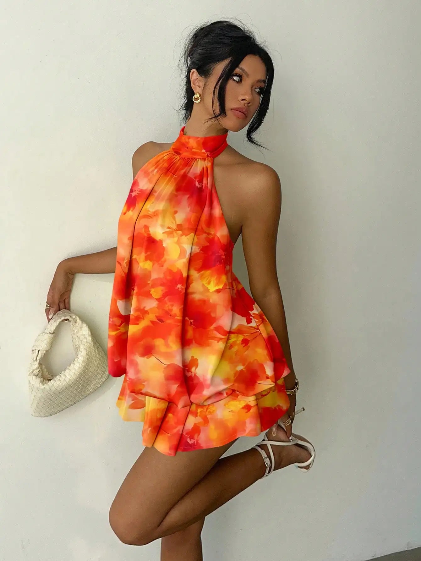 Ruched Halter Neck Tiered Mini Dress With Flowy A-Line Party Silhouette