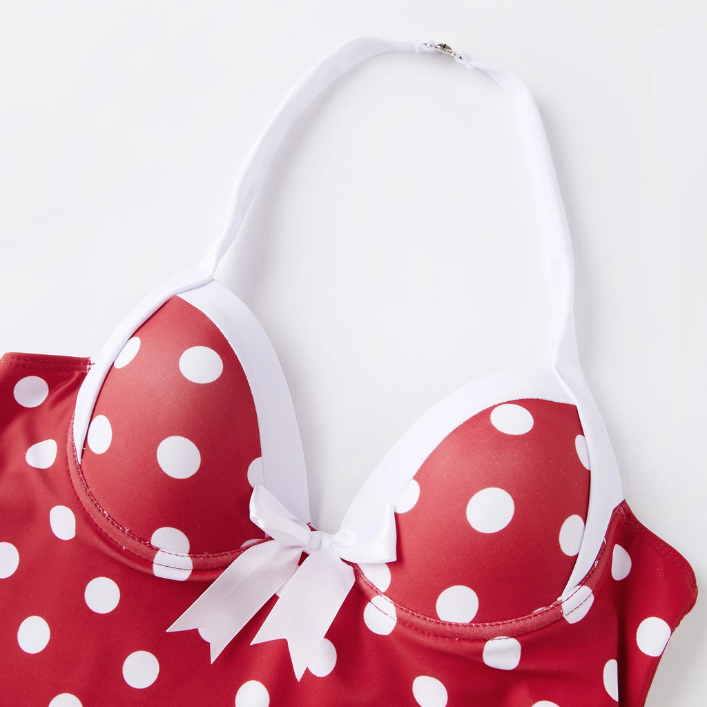 Red and White Polka Dot Swimwear Piece with Scalloped Lace Trim