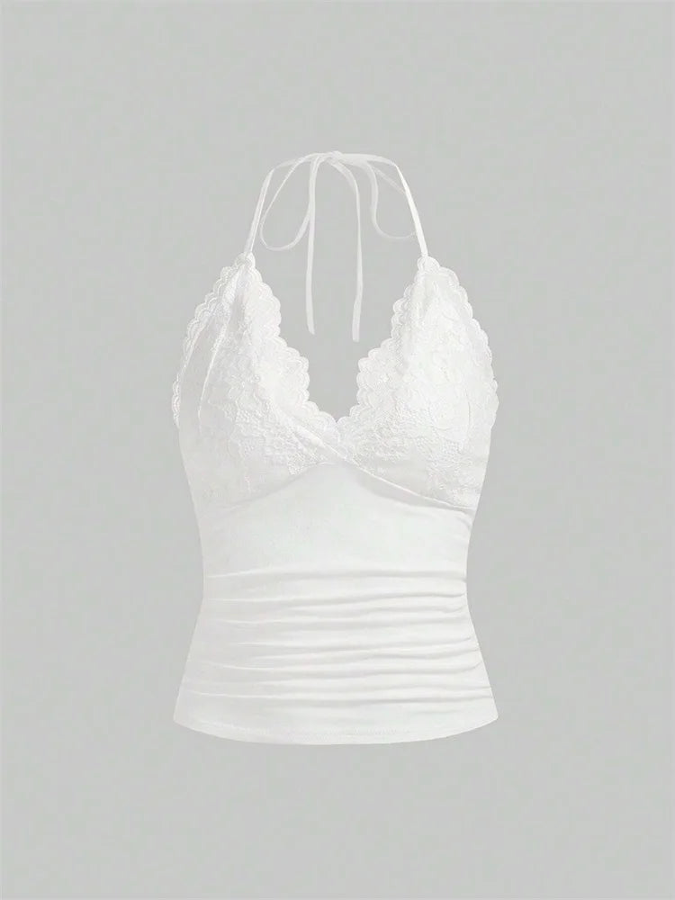 Lace Trim Halter Crop Top with Ruched Front Backless Streetwear Style