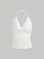 Lace Trim Halter Crop Top with Ruched Front Backless Streetwear Style