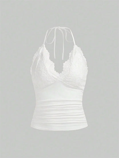 Lace Trim Halter Crop Top with Ruched Front Backless Streetwear Style