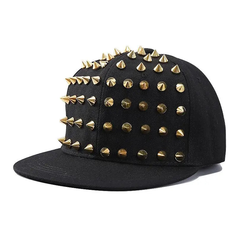 Studded Flat Brim Baseball Cap with Decorative Rivet Details for Y2K Streetwear Fashion