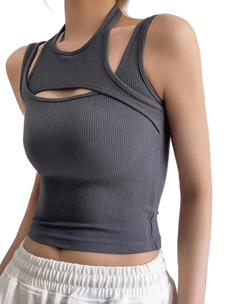 Asymmetrical Cut-Out Ribbed Tank Top with Sleeveless Slim Fit Streetwear Design