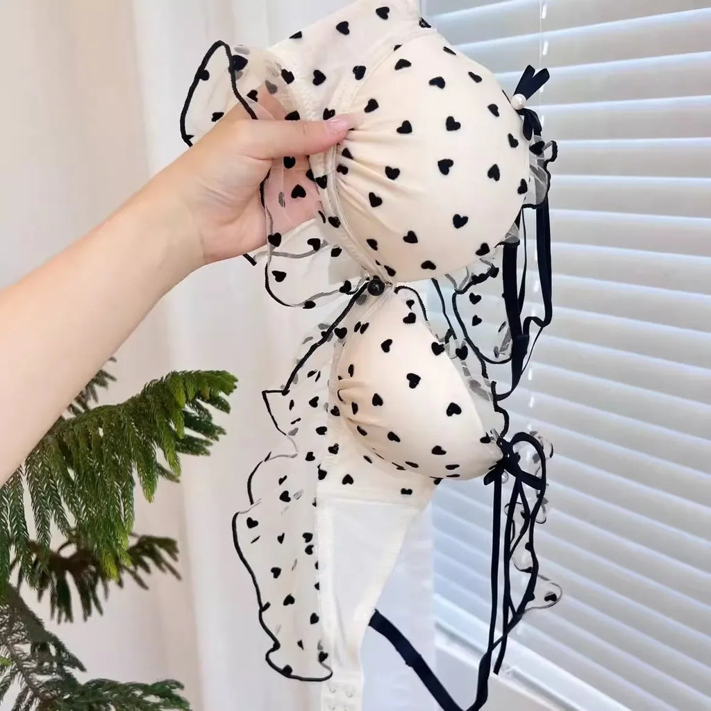 Japanese-Inspired Mesh Lace Lingerie Set with Delicate Bra, Fixed Straps and Matching Heart-Detail Panty