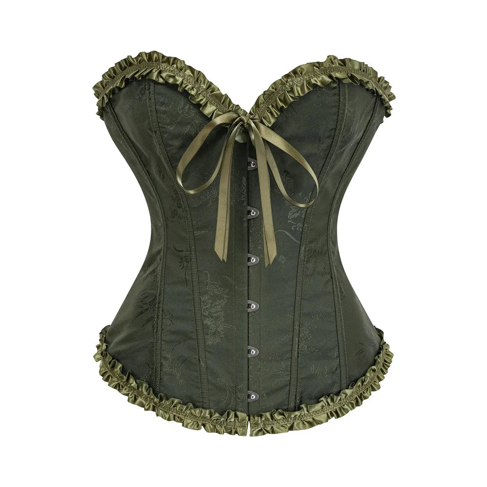 Jacquard Overbust Corset with Ruffled Trim, Structured Boning and Lace-Up Back