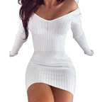 Ribbed Knit Bodycon Mini Dress with Long Sleeves and V Neckline