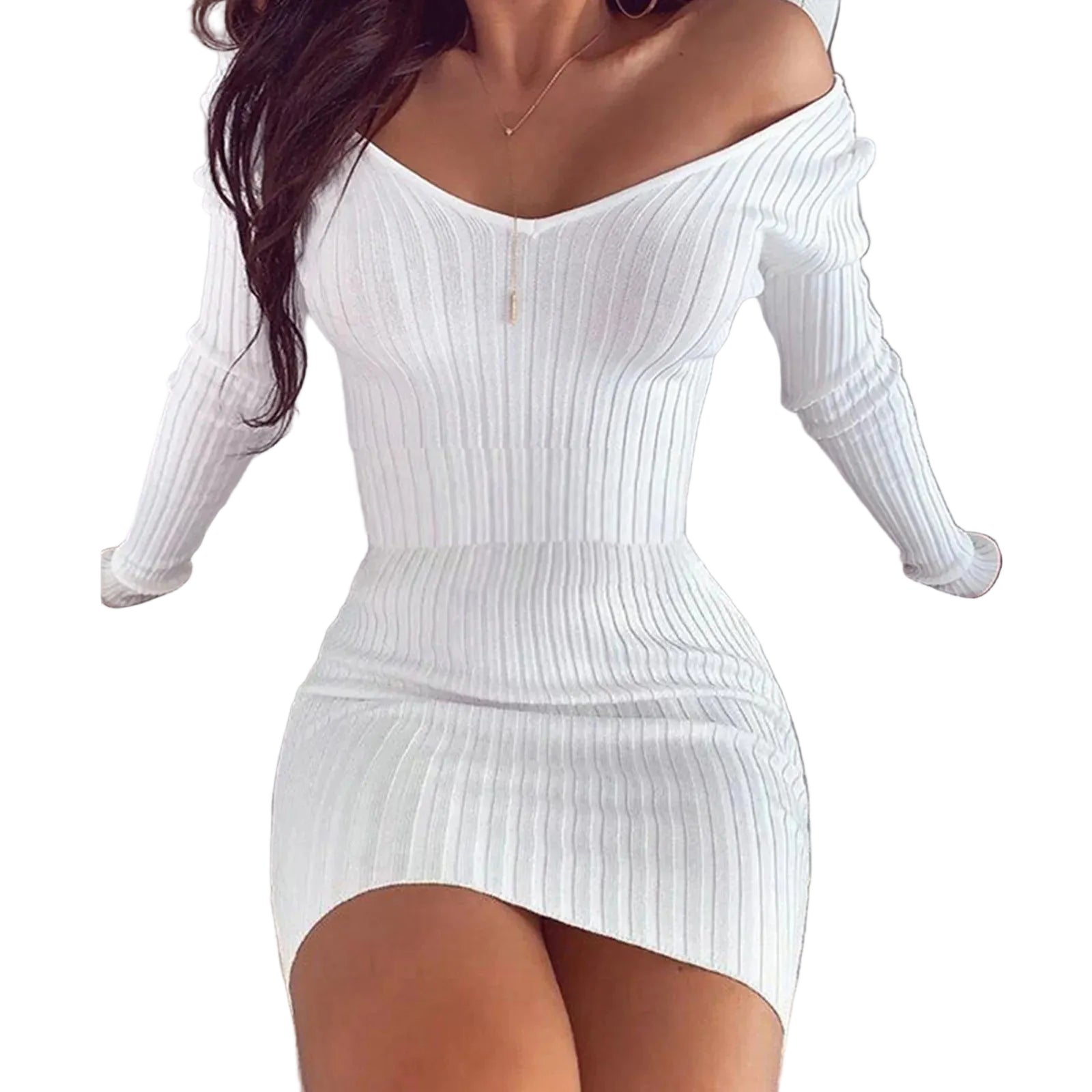 Ribbed Knit Bodycon Mini Dress with Long Sleeves and V Neckline
