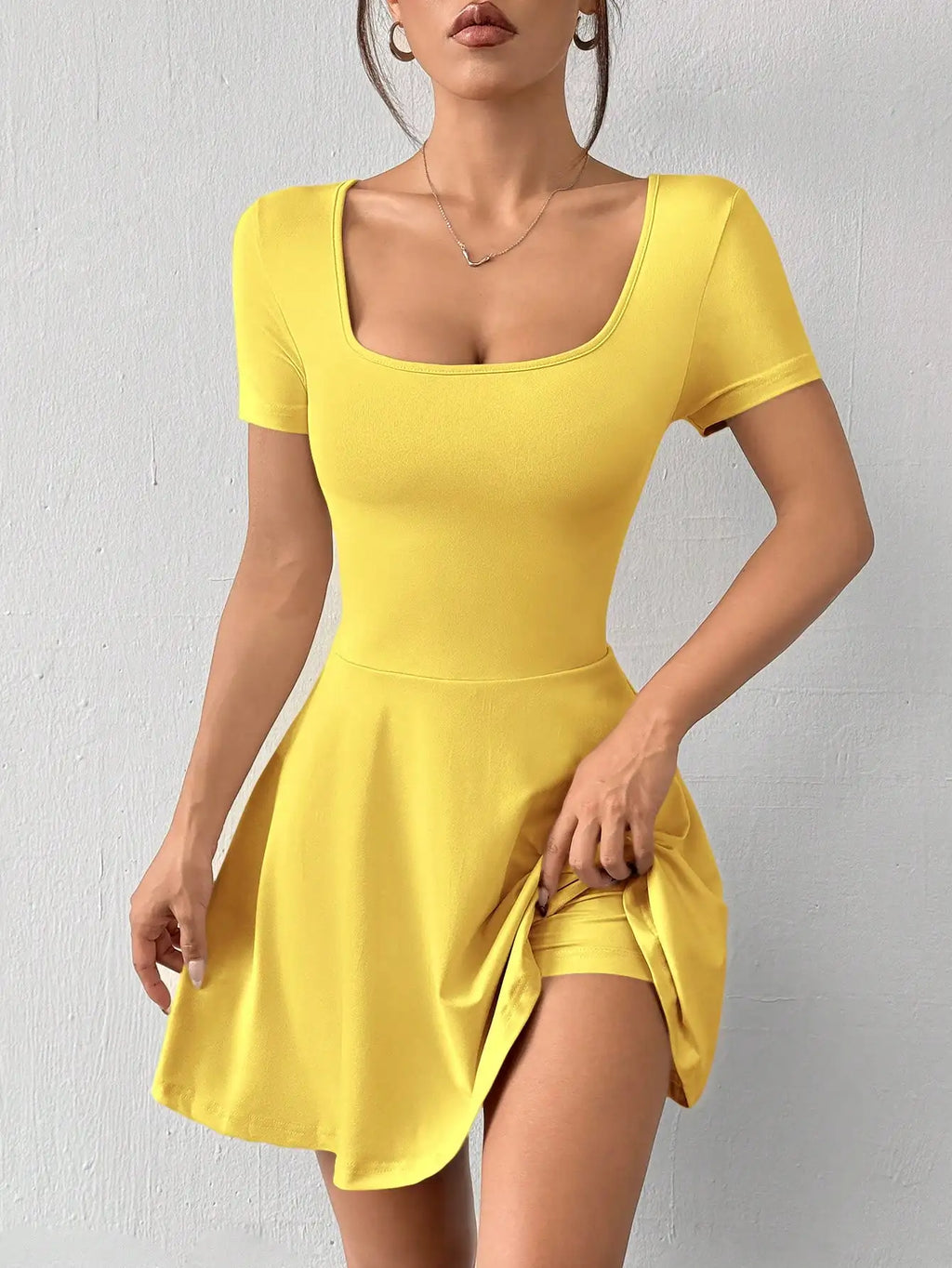 Square Neck Short Sleeve A-Line Mini Dress with Flared Skater Silhouette
