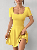 Square Neck Short Sleeve A-Line Mini Dress with Flared Skater Silhouette