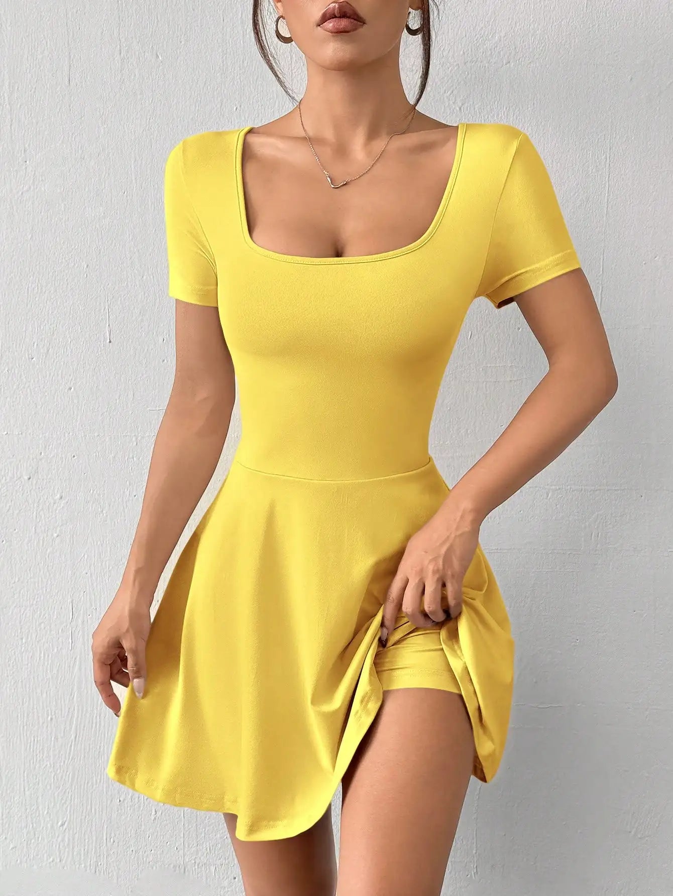 Square Neck Short Sleeve A-Line Mini Dress with Flared Skater Silhouette