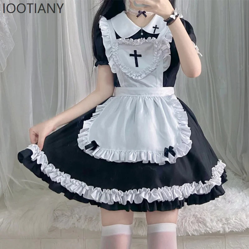 Sweet Pink Lolita Nurse-Maid Cosplay Dress with Cross Emblem and Ruffle Trims