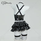 Women's High Gloss Structural Corset Top And Tiered Ruffle Mini Skirt Coordinate Set