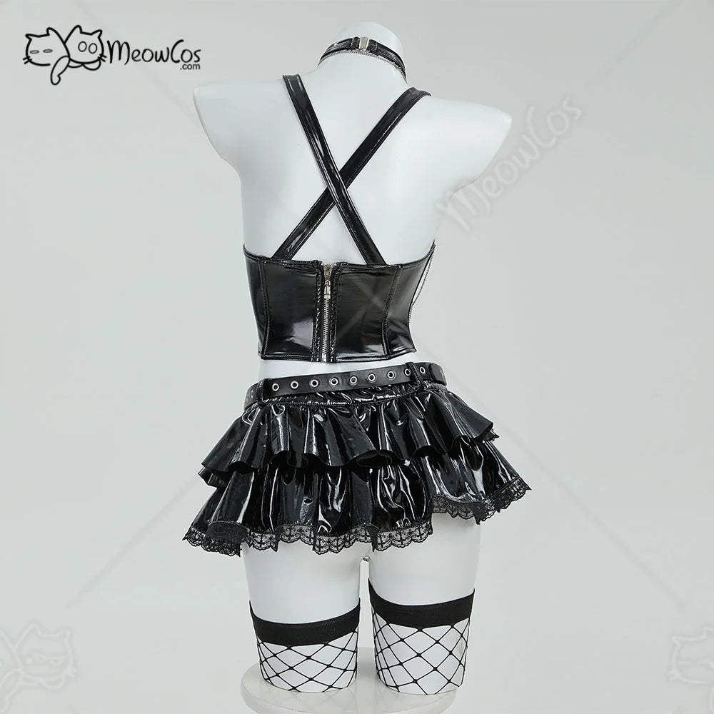Women's High Gloss Structural Corset Top And Tiered Ruffle Mini Skirt Coordinate Set