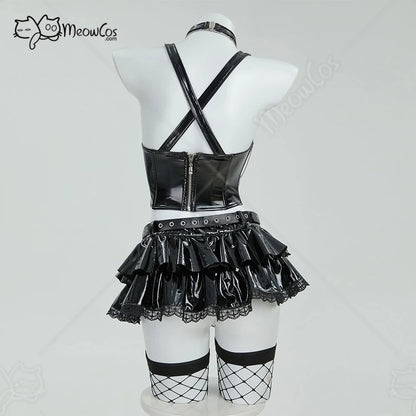 Women's High Gloss Structural Corset Top And Tiered Ruffle Mini Skirt Coordinate Set