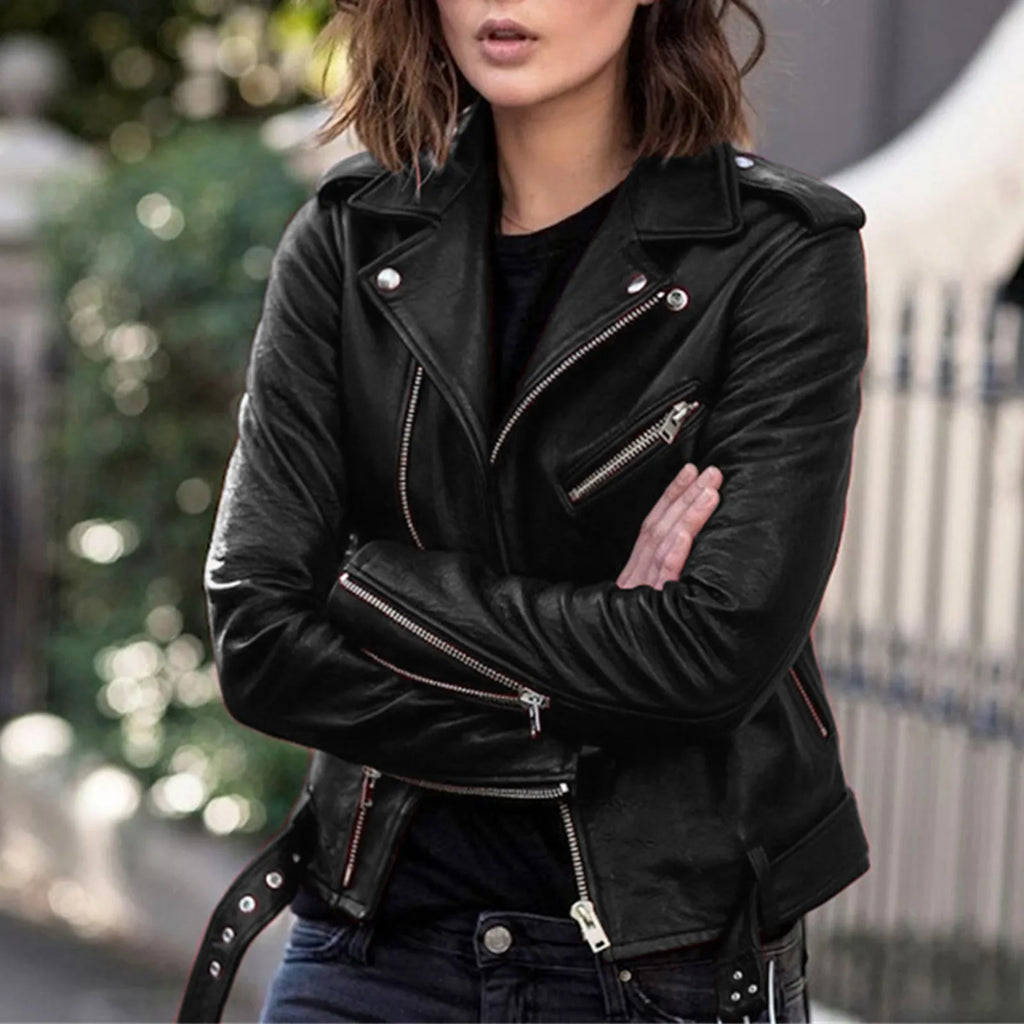 Women's Cropped Faux Leather Moto Jacket with Belted Waist Contemporary Streetwear Style