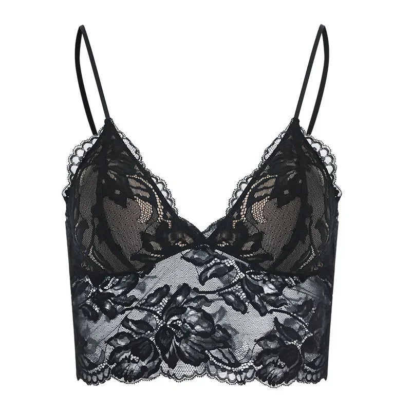 French Eyelash Lace Longline Triangle Bralette and Scalloped Low-Rise Hipster Panty Set
