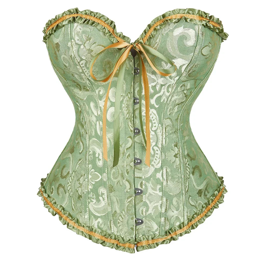 Vintage Floral Jacquard Corset Top with Sweetheart Neckline and Lace-Up Detail
