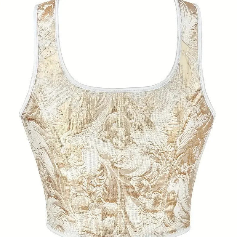 Black and Gold Botanical Jacquard Bustier Top with Ribbon Tie Details