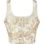 Black and Gold Botanical Jacquard Bustier Top with Ribbon Tie Details